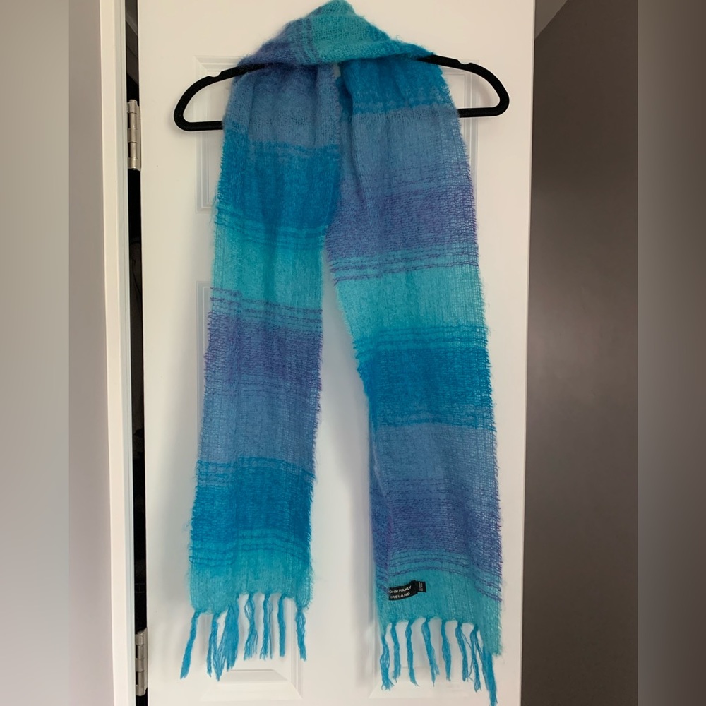 NWOT John Hanly Ireland Striped Blue & Purple Wool/Mohair Fringed Scarf - Picture 2 of 7